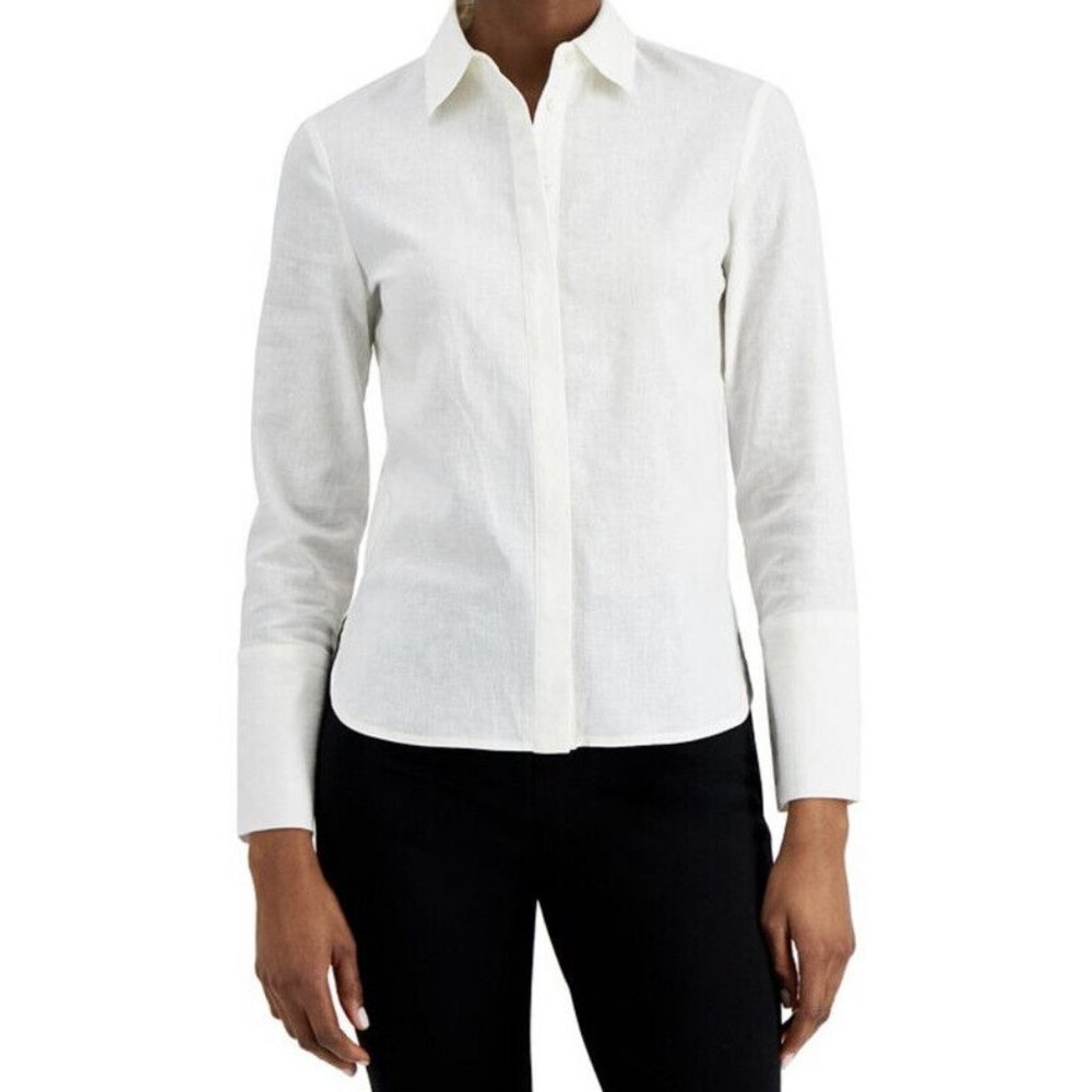 Anne Klein Solid Covered-Placket Long- Sleeve Button Down Shirt Ivory Size XL